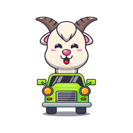 Illustration for Cute goat mascot cartoon character ride on car. Vector cartoon Illustration suitable for poster, brochure, web, mascot, sticker, logo and icon. - Royalty Free Image