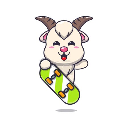 Téléchargez les illustrations : Mignonne mascotte de chèvre personnage de dessin animé avec skateboard. Illustration vectorielle pour affiche, brochure, web, mascotte, autocollant, logo et icône. - en licence libre de droit