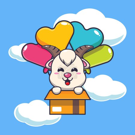 Illustration for Cute goat mascot cartoon character fly with balloon. Vector cartoon Illustration suitable for poster, brochure, web, mascot, sticker, logo and icon. - Royalty Free Image