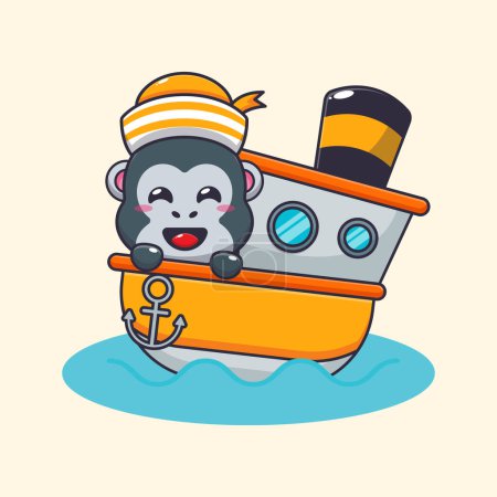 Téléchargez les illustrations : Mignonne mascotte de gorille personnage de dessin animé sur le navire. Illustration vectorielle pour affiche, brochure, web, mascotte, autocollant, logo et icône. - en licence libre de droit