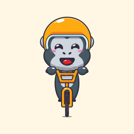 Téléchargez les illustrations : Mignonne mascotte de gorille personnage de dessin animé balade à vélo. Illustration vectorielle pour affiche, brochure, web, mascotte, autocollant, logo et icône. - en licence libre de droit