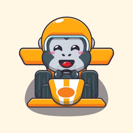 Illustration for Cute gorilla mascot cartoon character riding race car. Vector cartoon Illustration suitable for poster, brochure, web, mascot, sticker, logo and icon. - Royalty Free Image