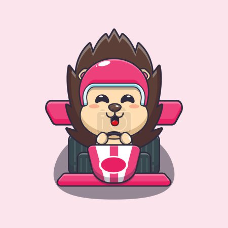 Illustration for Cute hedgehog mascot cartoon character riding race car. Vector cartoon Illustration suitable for poster, brochure, web, mascot, sticker, logo and icon. - Royalty Free Image