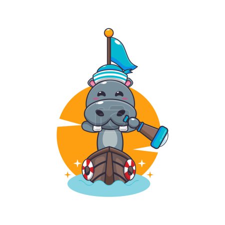 Téléchargez les illustrations : Mignonne mascotte hippopotame personnage de dessin animé sur le bateau. Illustration vectorielle pour affiche, brochure, web, mascotte, autocollant, logo et icône. - en licence libre de droit