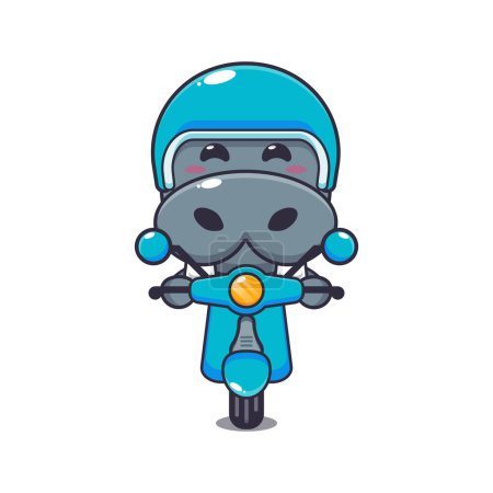 Téléchargez les illustrations : Mignon hippopotame mascotte personnage de dessin animé tour sur scooter. Illustration vectorielle pour affiche, brochure, web, mascotte, autocollant, logo et icône. - en licence libre de droit