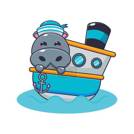 Illustration for Cute hippo mascot cartoon character on the ship. Vector cartoon Illustration suitable for poster, brochure, web, mascot, sticker, logo and icon. - Royalty Free Image
