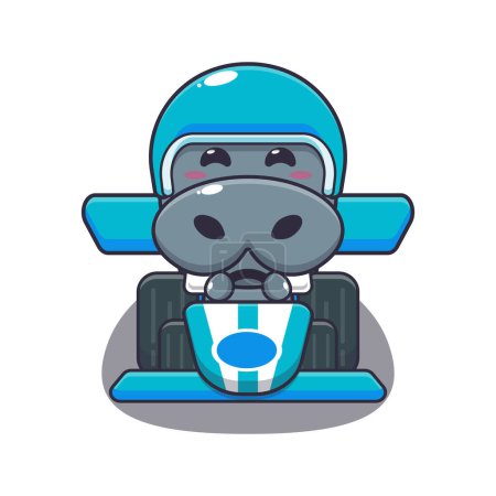 Téléchargez les illustrations : Mignon hippopotame mascotte personnage de dessin animé équitation voiture de course. Illustration vectorielle pour affiche, brochure, web, mascotte, autocollant, logo et icône. - en licence libre de droit