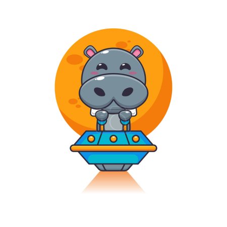 Téléchargez les illustrations : Mignon hippopotame mascotte personnage de dessin animé voler avec ufo. Illustration vectorielle pour affiche, brochure, web, mascotte, autocollant, logo et icône. - en licence libre de droit