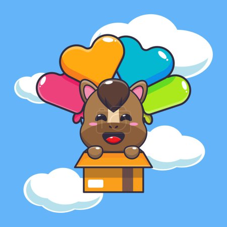 Illustration for Cute horse mascot cartoon character fly with balloon. Vector cartoon Illustration suitable for poster, brochure, web, mascot, sticker, logo and icon. - Royalty Free Image