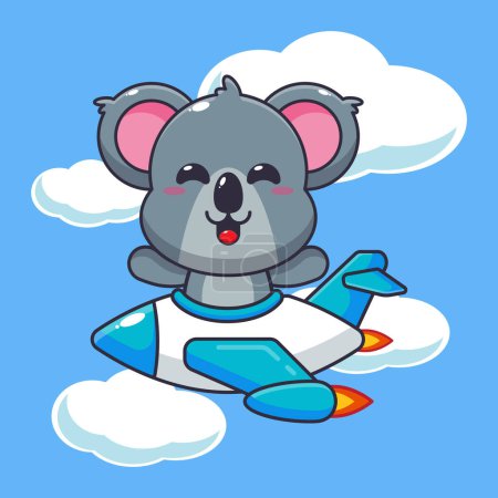Téléchargez les illustrations : Mascotte de koala mignon personnage de dessin animé tour sur avion jet. Illustration vectorielle pour affiche, brochure, web, mascotte, autocollant, logo et icône. - en licence libre de droit