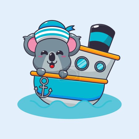 Téléchargez les illustrations : Mignonne mascotte de koala personnage de dessin animé sur le navire. Illustration vectorielle pour affiche, brochure, web, mascotte, autocollant, logo et icône. - en licence libre de droit