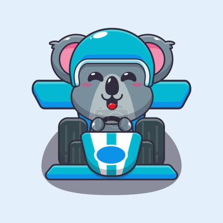 Téléchargez les illustrations : Mascotte de koala mignon personnage de dessin animé équitation voiture de course. Illustration vectorielle pour affiche, brochure, web, mascotte, autocollant, logo et icône. - en licence libre de droit