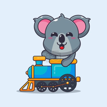 Téléchargez les illustrations : Mascotte de koala mignon personnage de dessin animé tour dans le train. Illustration vectorielle pour affiche, brochure, web, mascotte, autocollant, logo et icône. - en licence libre de droit