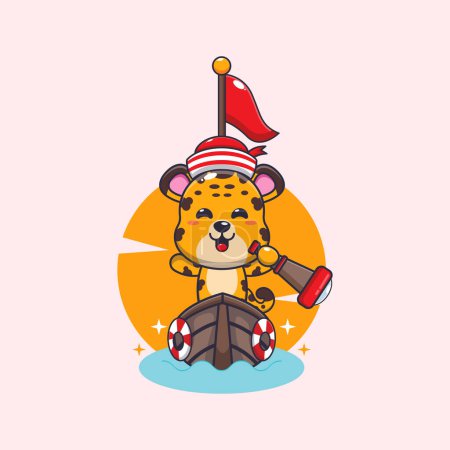 Illustration for Cute leopard mascot cartoon character on the boat. Vector cartoon Illustration suitable for poster, brochure, web, mascot, sticker, logo and icon. - Royalty Free Image