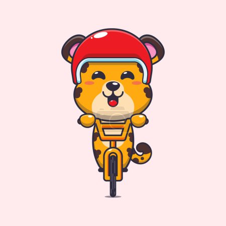 Ilustración de Linda mascota de leopardo paseo personaje de dibujos animados en bicicleta. Dibujos animados vectoriales Ilustración adecuada para póster, folleto, web, mascota, etiqueta engomada, logotipo e icono. - Imagen libre de derechos