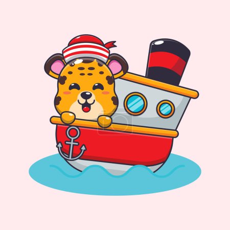 Téléchargez les illustrations : Mignonne mascotte de léopard personnage de dessin animé sur le navire. Illustration vectorielle pour affiche, brochure, web, mascotte, autocollant, logo et icône. - en licence libre de droit