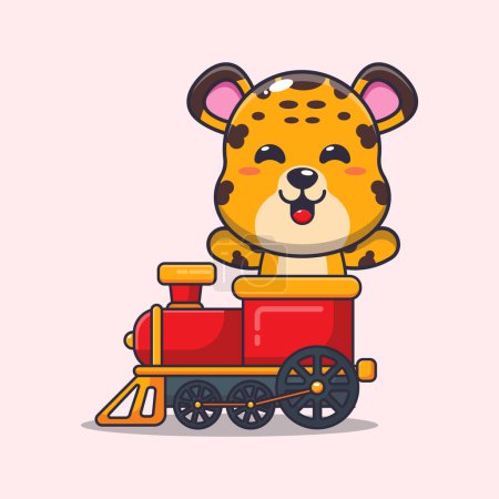 Téléchargez les illustrations : Mascotte de léopard mignon personnage de dessin animé tour dans le train. Illustration vectorielle pour affiche, brochure, web, mascotte, autocollant, logo et icône. - en licence libre de droit