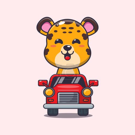 Téléchargez les illustrations : Mascotte de léopard mignon personnage de dessin animé tour sur la voiture. Illustration vectorielle pour affiche, brochure, web, mascotte, autocollant, logo et icône. - en licence libre de droit