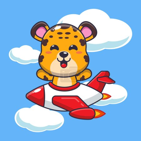 Téléchargez les illustrations : Mascotte de léopard mignon personnage de dessin animé tour sur avion jet. Illustration vectorielle pour affiche, brochure, web, mascotte, autocollant, logo et icône. - en licence libre de droit