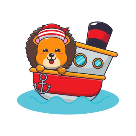 Illustration for Cute lion mascot cartoon character on the ship. Vector cartoon Illustration suitable for poster, brochure, web, mascot, sticker, logo and icon. - Royalty Free Image