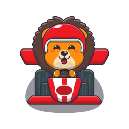 Ilustración de Lindo personaje de dibujos animados mascota león montar coche de carreras. Dibujos animados vectoriales Ilustración adecuada para póster, folleto, web, mascota, etiqueta engomada, logotipo e icono. - Imagen libre de derechos