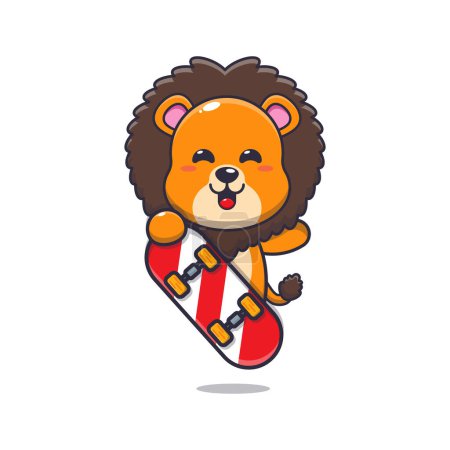 Ilustración de Lindo personaje de dibujos animados mascota león con monopatín. Dibujos animados vectoriales Ilustración adecuada para póster, folleto, web, mascota, etiqueta engomada, logotipo e icono. - Imagen libre de derechos