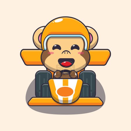 Illustration for Cute monkey mascot cartoon character riding race car. Vector cartoon Illustration suitable for poster, brochure, web, mascot, sticker, logo and icon. - Royalty Free Image