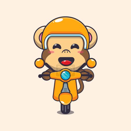Illustration for Cute monkey mascot cartoon character ride on scooter. Vector cartoon Illustration suitable for poster, brochure, web, mascot, sticker, logo and icon. - Royalty Free Image