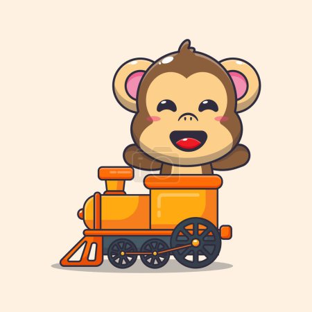 Téléchargez les illustrations : Mascotte de singe mignon personnage de dessin animé tour dans le train. Illustration vectorielle pour affiche, brochure, web, mascotte, autocollant, logo et icône. - en licence libre de droit