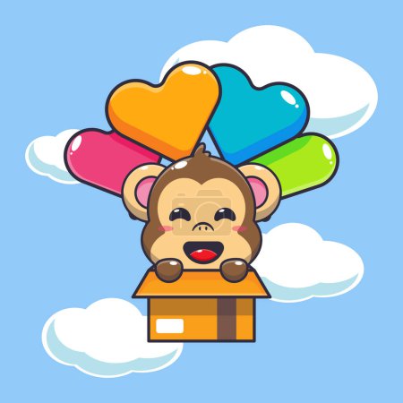 Illustration for Cute monkey mascot cartoon character fly with balloon. Vector cartoon Illustration suitable for poster, brochure, web, mascot, sticker, logo and icon. - Royalty Free Image