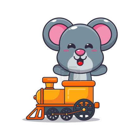 Téléchargez les photos : Mascotte de souris mignonne personnage de dessin animé tour dans le train. Illustration vectorielle pour affiche, brochure, web, mascotte, autocollant, logo et icône. - en image libre de droit