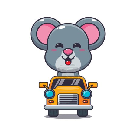 Ilustración de Linda mascota del ratón paseo personaje de dibujos animados en el coche. Dibujos animados vectoriales Ilustración adecuada para póster, folleto, web, mascota, etiqueta engomada, logotipo e icono. - Imagen libre de derechos