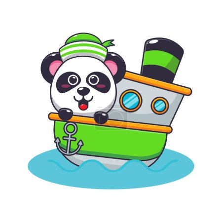 Téléchargez les illustrations : Mignonne mascotte de panda personnage de dessin animé sur le navire. Illustration vectorielle pour affiche, brochure, web, mascotte, autocollant, logo et icône. - en licence libre de droit