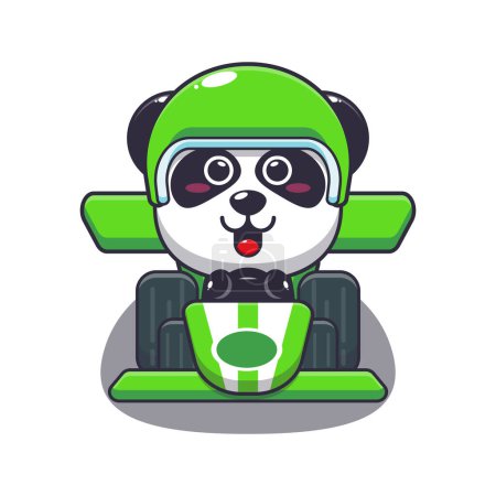 Téléchargez les illustrations : Mascotte de panda mignon personnage de dessin animé équitation voiture de course. Illustration vectorielle pour affiche, brochure, web, mascotte, autocollant, logo et icône. - en licence libre de droit