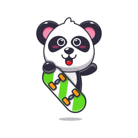 Téléchargez les illustrations : Mascotte de panda mignon personnage de dessin animé avec skateboard. Illustration vectorielle pour affiche, brochure, web, mascotte, autocollant, logo et icône. - en licence libre de droit