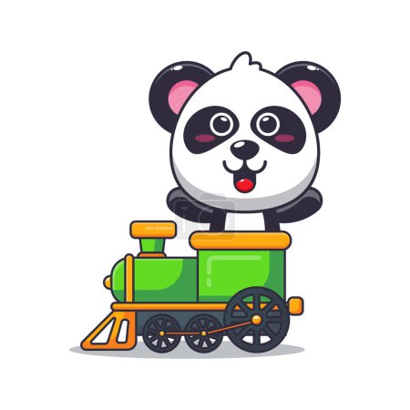 Téléchargez les illustrations : Mascotte de panda mignon personnage de dessin animé tour dans le train. Illustration vectorielle pour affiche, brochure, web, mascotte, autocollant, logo et icône. - en licence libre de droit