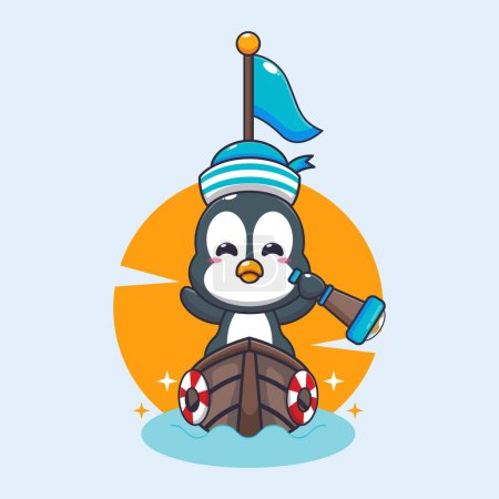 Ilustración de Lindo personaje de dibujos animados mascota pingüino en el barco. Dibujos animados vectoriales Ilustración adecuada para póster, folleto, web, mascota, etiqueta engomada, logotipo e icono. - Imagen libre de derechos