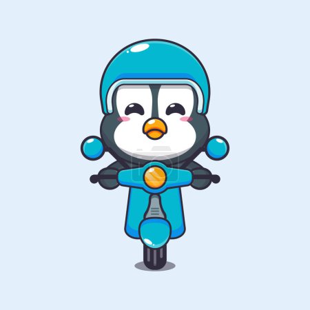 Téléchargez les illustrations : Mascotte de pingouin mignon personnage de dessin animé tour sur scooter. Illustration vectorielle pour affiche, brochure, web, mascotte, autocollant, logo et icône. - en licence libre de droit