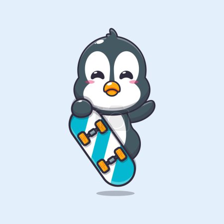 Téléchargez les illustrations : Mascotte de pingouin mignon personnage de dessin animé avec planche à roulettes. Illustration vectorielle pour affiche, brochure, web, mascotte, autocollant, logo et icône. - en licence libre de droit