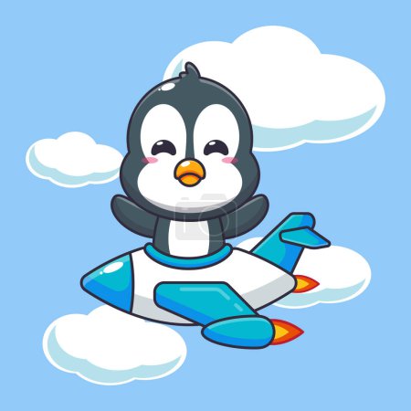 Téléchargez les illustrations : Mascotte de pingouin mignon personnage de dessin animé tour sur avion jet. Illustration vectorielle pour affiche, brochure, web, mascotte, autocollant, logo et icône. - en licence libre de droit