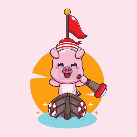 Ilustración de Lindo cerdo en el barco ilustración vector de dibujos animados. - Imagen libre de derechos