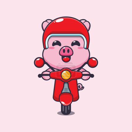 Ilustración de Lindo paseo de cerdo en la ilustración vectorial de dibujos animados scooter. - Imagen libre de derechos