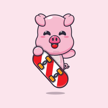 Téléchargez les illustrations : Cochon mignon avec illustration vectorielle de dessin animé skateboard. - en licence libre de droit