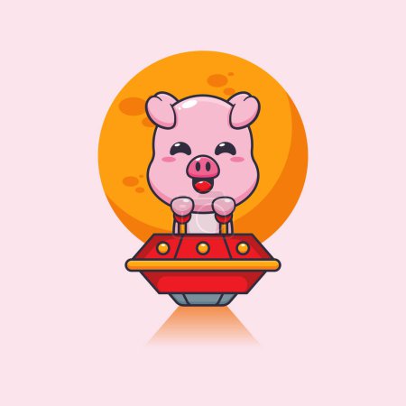 Illustration for Cute pig fly with ufo cartoon vector illustration. - Royalty Free Image