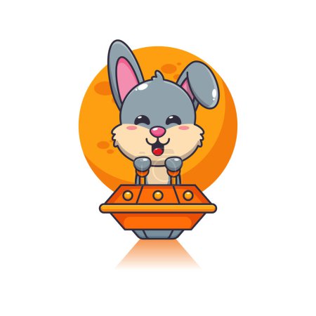 Téléchargez les illustrations : Jolie mouche de lapin avec illustration vectorielle de dessin animé ufo. - en licence libre de droit