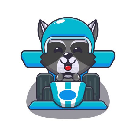 Illustration for Cute raccoon riding race car cartoon vector illustration. - Royalty Free Image