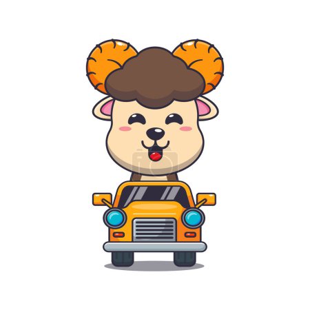 Illustration for Cute ram sheep ride on car cartoon vector illustration. - Royalty Free Image