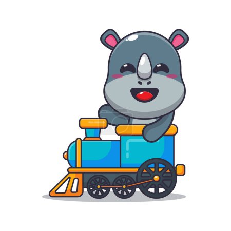 Illustration for Cute rhino ride on train cartoon vector illustration. - Royalty Free Image