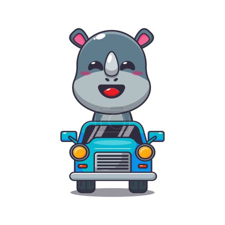 Ilustración de Lindo paseo rinoceronte en coche ilustración vector de dibujos animados. - Imagen libre de derechos