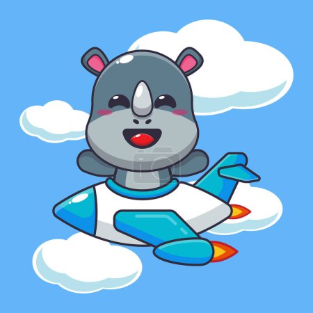 Illustration for Cute rhino ride on plane jet cartoon vector illustration. - Royalty Free Image